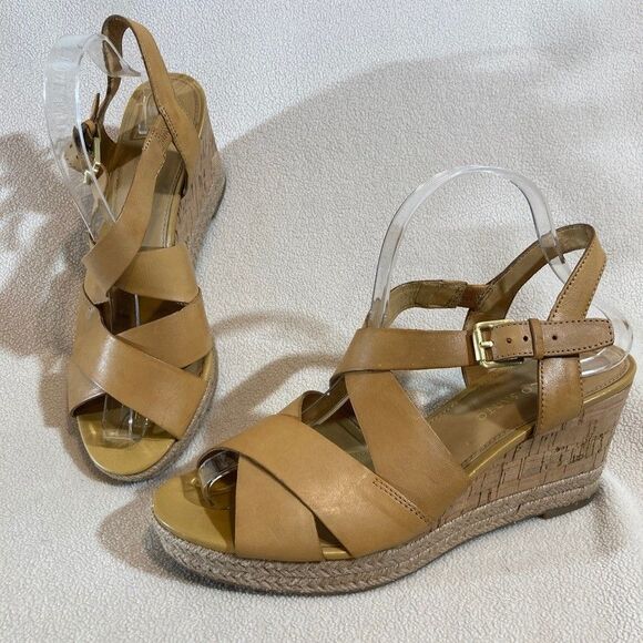 FRANCO SARTO Kelsy Sandals Yellow Leather Criss Cross Strap Wedge 9M Casual Chic - Picture 1 of 12